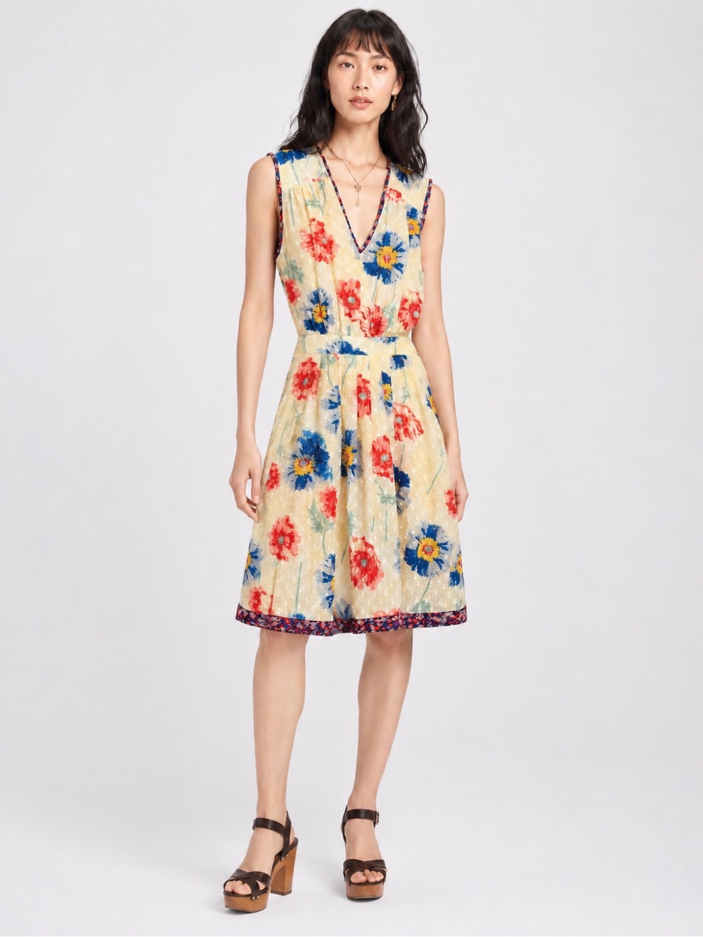 🌺Anna Sui Yellow Floral Backless Sundress with Blue and Red Blooms